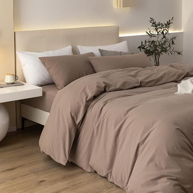 JIYUAN 100% Washed Cotton Duvet Cover Set 3 Pieces Oversized King, 1 Duvet Cover 120x98 Inches(Comforter Not Included) and 2 Pillowcases,Linen Feel Bedding Set Comfy and Breathable,Light Brown