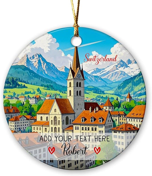 2025 Personalized Switzerland Symbols Ceramic Christmas Ornament Keepsake, Swiss Alps City Travel Souvenir Ornament Gifts for Dad Mom Family Friends, Custom Text/Name Switzerland Xmas Tree Decor