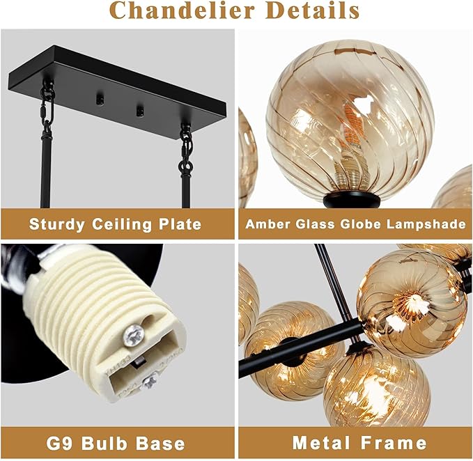 Modern Linear Chandelier 22-Lights Linear Sputnik Chandelier with Amber Striped Glass Shade 70 Inch Long Chandeliers for Dining Room, Living Room, Kitchen Island, Farmhouse