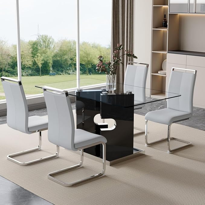 Glass Dining Table Set for 4,5 Piece Dining Table Set, Tempered Glass Table Top and Modern Design MDF Base with 4 PU Leather Ergonomic Dining Chairs