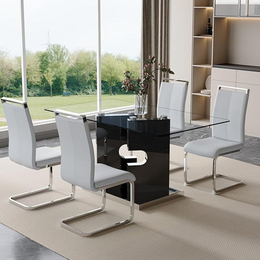 Glass Dining Table Set for 4,5 Piece Dining Table Set, Tempered Glass Table Top and Modern Design MDF Base with 4 PU Leather Ergonomic Dining Chairs