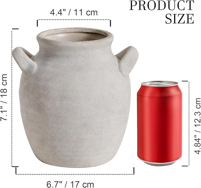 Ceramic Flower Vase Home Decor - Farmhouse Table Vases with Handle Living Room Decoration Vintage Decorative Aesthetic for Shelf Coffee Dining Desk House Bookshelf Fireplace (7.1" Rustic)