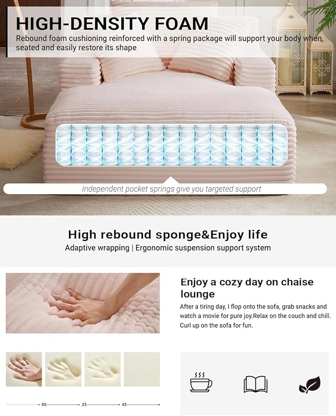 Oversized Chaise Lounge, Corduroy Sofa Bed Chair Indoor with Throw Pillows, Cozy Cloud Couch, Upholstered Sleeper Sofa Couch for Living Room, Bedroom, Apartment, Light Gray