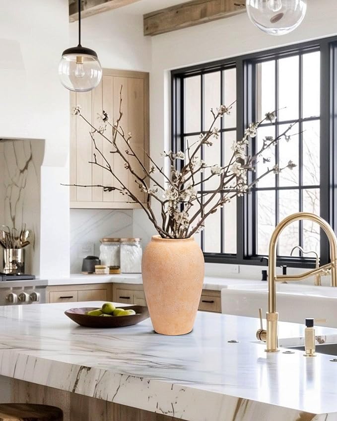 Handcrafted Flower Vase, 9.6" Tall Terracotta Vase, Vintage Rustic Ceramic Vase Décor, Wide Mouth, Matte Finish for Home Office Resto Café Décor