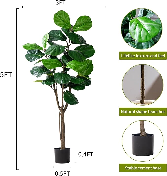 Artificial Fiddle Leaf Tree-5ft Faux Plant Fake Ficus Lyrata Tree Artificial Fig Silk Trees with Pot Floor Plants for Home Living Room Decor Indoor