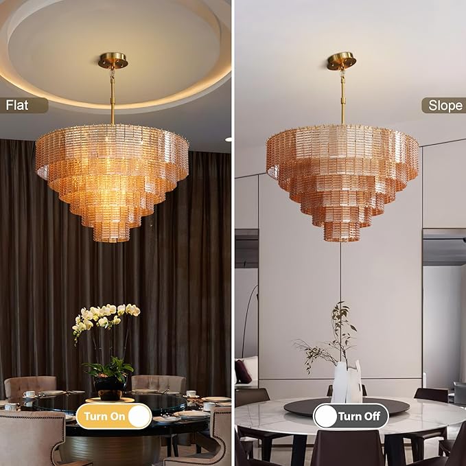 Large Chandelier, 41" Gold Chandelier for Dining Room, 18-Light Round Drum Kitchen Island Hanging Light Fixture，Amber Glass Linear Chandeliers Perfect for Living Room, Bedroom,Kitchen, Foyer