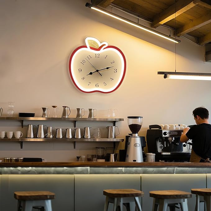 jXIN 12 Inch Apple Shaped Novelty Fun Shaped Wall Clock, 2-in-1 LED Silent Clock and Warm White Night Light, Creative Decorative Clock for Cozy Atmosphere Children's Room