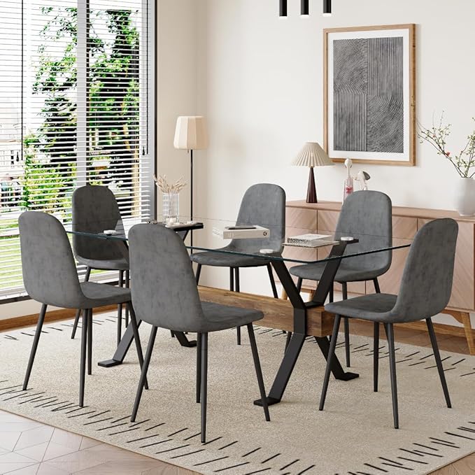 7 Piece Glass Dining Table Set, Kitchen Table Chairs Set for 6, 71'' Dining Table with 0.4" Tempered Glass Tabletop with Plated Metal Legs and MDF Crossbar, 6 Chairs for Dining Room, Kitchen.