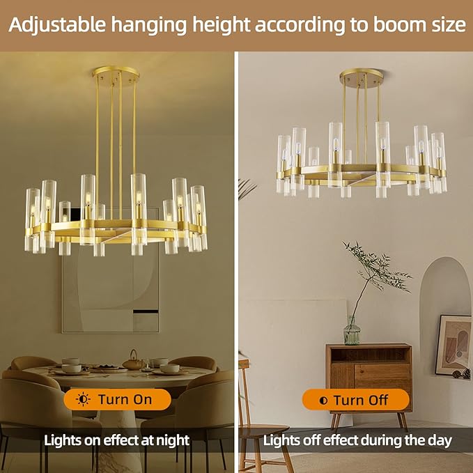 Knurldon12 Light Brass Round Chandelier 36" Wagon Wheel Chandeliers for Dining Room Light Fixture Clear Glass Tube Chandelier Modern Farmhouse Chandeliers for LivingRoom Foyer, Bulb Included