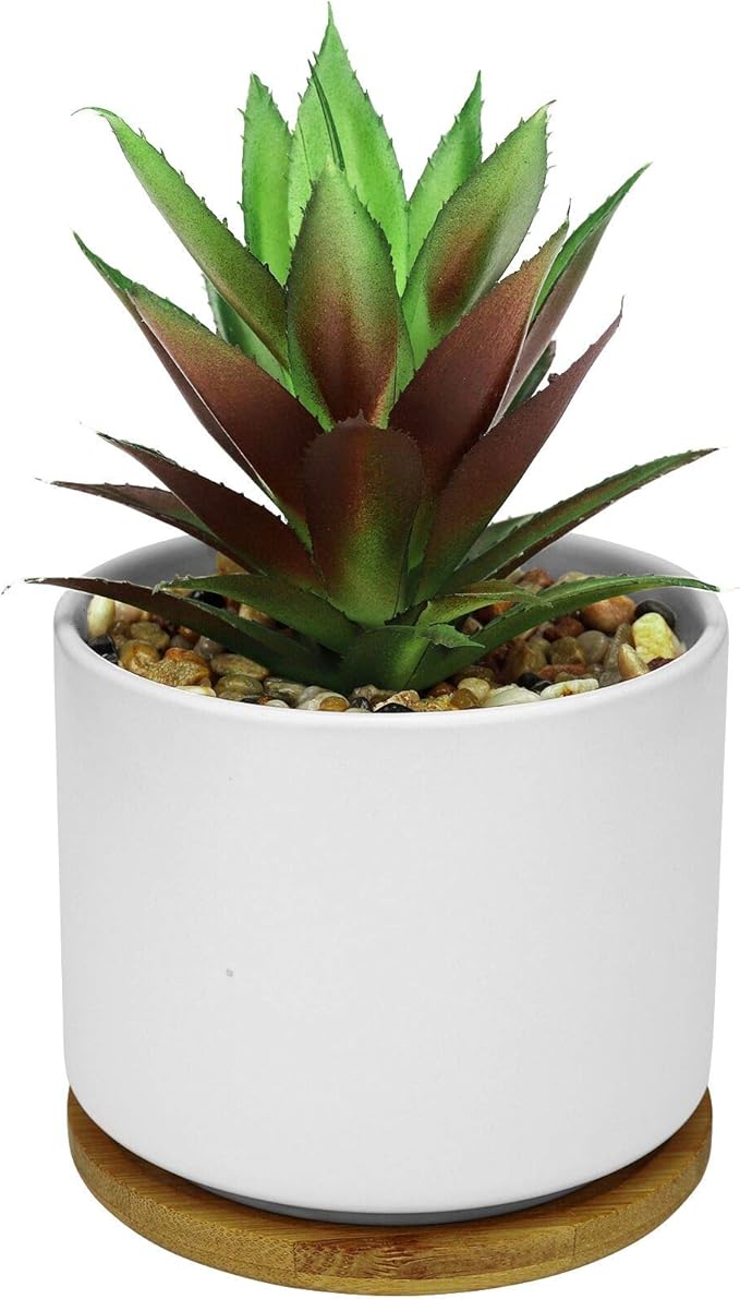 Hopewood Artificial Succulents in Pot, Fake Potted Pineapple Succulents Plants with Ceramic Pot and Wooden Tray, Potted Artificial Plants for Home, Office Desk and Bathroom Decor 6.8inch×4.3inch