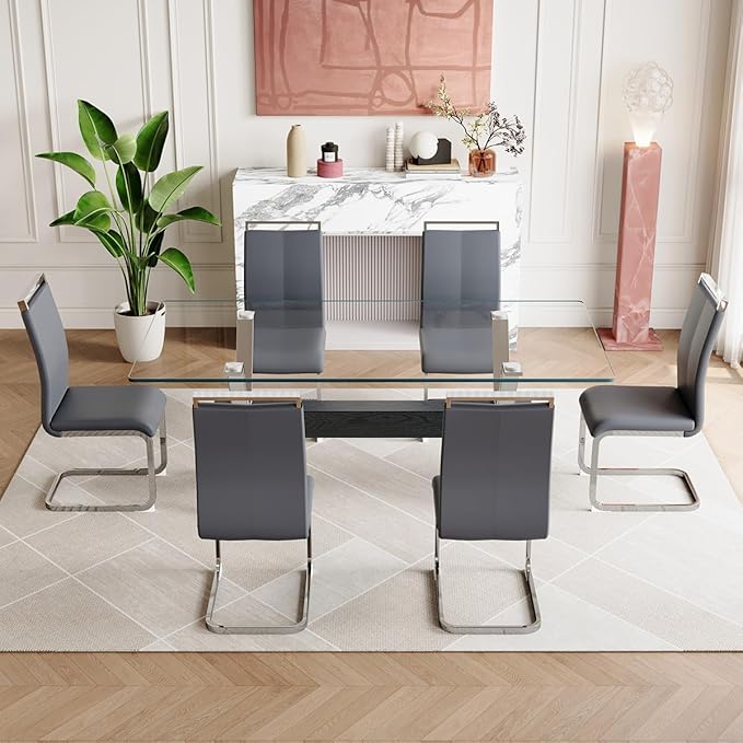 7 Piece Glass Dining Table Set, Kitchen Table Chairs Set for 6, 71'' Dining Table with 0.4" Tempered Glass Tabletop with Plated Metal Legs and MDF Crossbar, 6 PU Chairs for Dining Room, Kitchen.