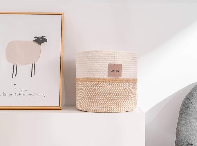 voten Cube Storage Baksets Bins 11x11’’ Fit 12x12’’ Organizer Bookcases Shelving,Stylish&Durable Woven Cotton Basket Containers for Organizing 3-Pack Off White/Mixed Camel