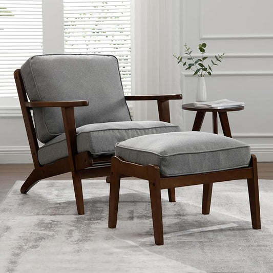 Living Room Accent Chairs Mid Century Modern Reading Arm Chair with Ottoman, Fabric Bedroom Chair with Soild Wood Frame, Elegant Upholstered Side Chair, Grey-Fabric