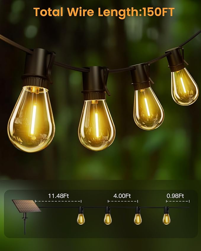 Solar Powered 150FT Outdoor String Lights 35+2 LED Bulbs Waterproof Shatterproof Remote Control Dimmable Extra Long Hanging Lights for Large Yard Deck Market Cafe Event Lighting