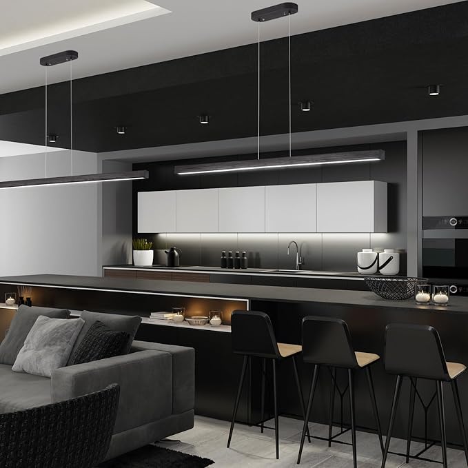 31.5" Black Linear Pendant Light Wooden Led Linear Pendant Light Fixtures Ceiling Hanging Dimmable Pendant Lights for Dining Room Kitchen Island Pool Table Lights Black Wood Finish