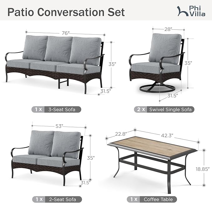 PHI VILLA Outdoor Modern Patio Furniture Set, Upgraded Wicker&Metal Patio Furniture Conversation Set with Waterproof Thick Cushions for Porch, Poolside, Deck, and Yard (5 Pieces,Grey)