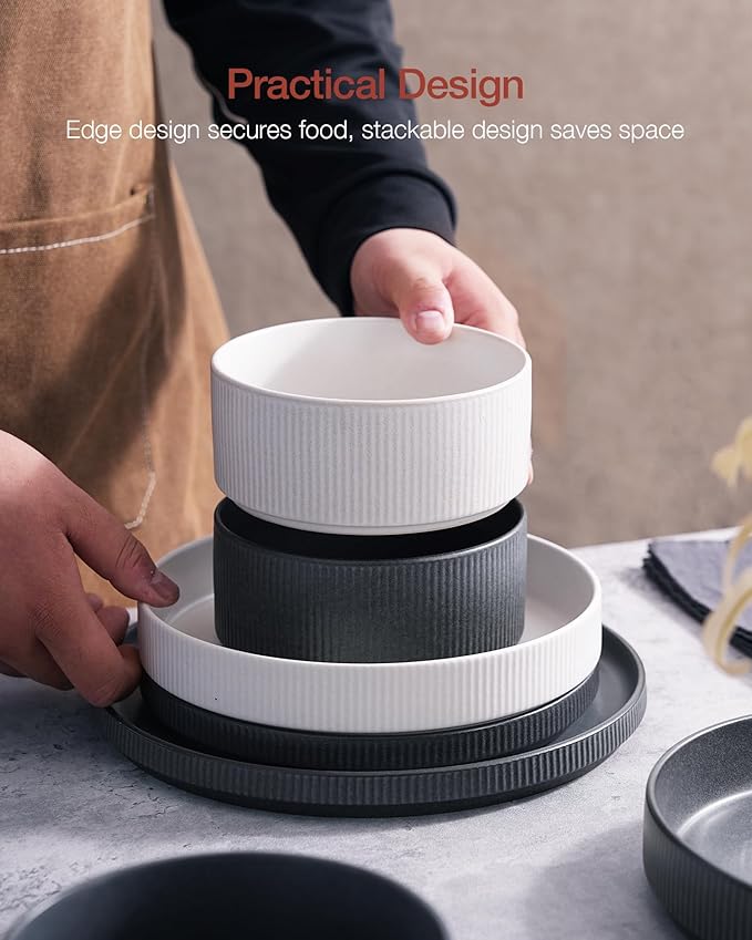 Famiware Star Dinnerware Set, Plates and Bowls Sets for 8 (24pcs), Ribbed Stoneware Dishes - Chip & Scratch Resistant, Microwave & Dishwasher Safe, Multicolor - Matte White & Matte Dark Charcoal