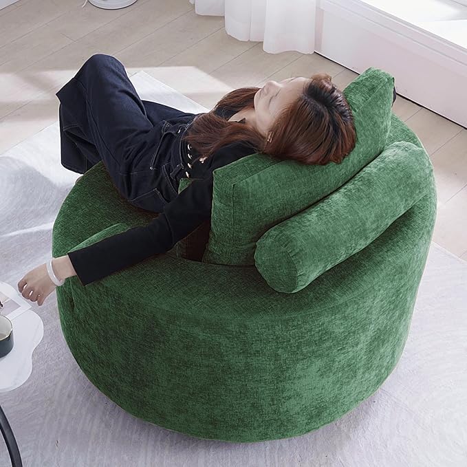 Furnimart Oversized Barrel Accent Chair, 360° Swivel Round Upholstered Sofa, Chenille High-Resilience Sponge, No Assembly Wide Seat for Living Room, Bedroom, Apartment (Green)