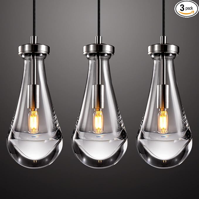 Raindrop Pendant Light Set of 3, Brushing Nickel Pendant Lights for Kitchen Island, Ceiling Hanging Pendant Fixtures, Interior Lighting for Kitchen, Bedroom, Bathroom