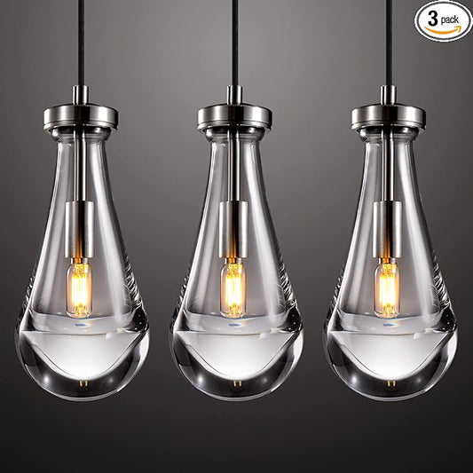 Raindrop Pendant Light Set of 3, Brushing Nickel Pendant Lights for Kitchen Island, Ceiling Hanging Pendant Fixtures, Interior Lighting for Kitchen, Bedroom, Bathroom