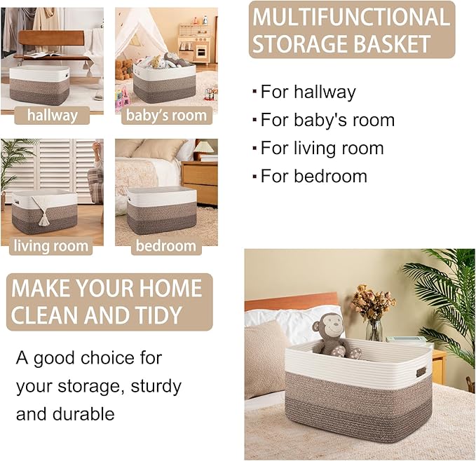 OIAHOMY Large Blanket Basket For Living Room, Rectangle Woven Baskets for Storage, Nursery Toy Storage With Handle-22”x17”x12”-Gradient Dark Brown