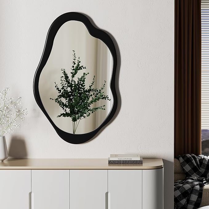 Wavy Mirror, Cloud Mirror, Irregular Wall Mirror with Wood Frame, Modern Decorative Mirror with Hanging Hooks, Asymmetrical Mirror for Bedroom Living Room Entryway (Black, 32×20)