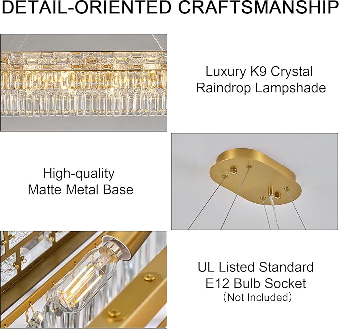 Crystal Chandeliers, 49.2" 18-Light Gold Chandelier for Dining Room, Rectangular Chandelier for Kitchen, Living Room Chandeliers, Island Lights Hanging Lights Dimmable