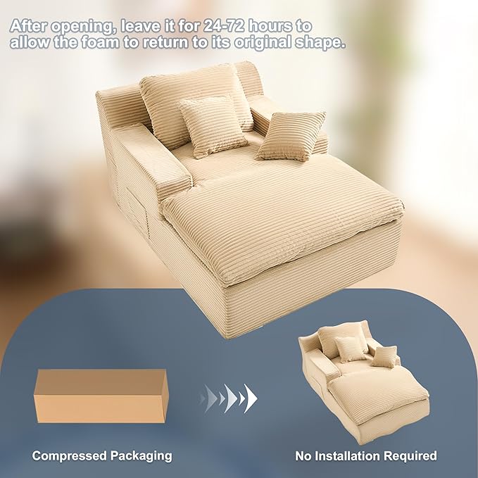 63" Oversized Chaise Lounge Chair Indoor, Extra Cloud Layer, Convertible Sleeper Sofa Couch with Removable Pillows & Side Pockets, Corduroy Upholstered Sofa Bed with Armrests for Living Room, Camel