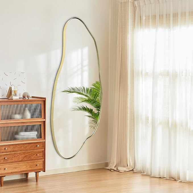 Large Irregular Mirror, 51.1"x25.59" Asymmetrical Mirrors, Abstract Wall Mirror Decorative, Gold Wavy Shaped Mirrors for Living Room Bathroom Bedroom Hallway Entryway Fireplace