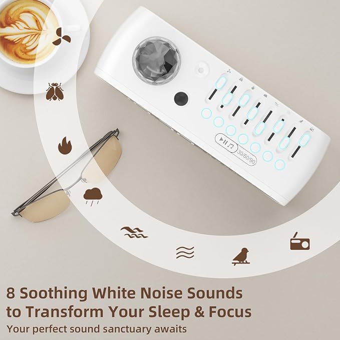 White Noise Sound Machine with Clock for Baby Kids Adults, with 8 Soothing Sounds for Office & Sleeping, 30/60/90 Mins Timer, Bluetooth Speaker, Star Projector Galaxy Light for Home, Travel