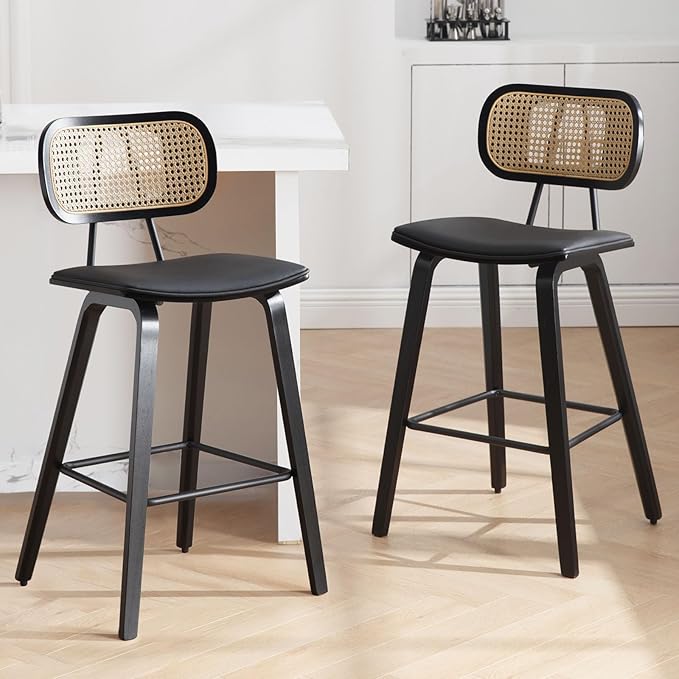 Counter Height Bar Stools Set of 2, 26" PU Leather Upholstered Rattan Barstools, Mid Century Modern Bar Chairs with Black Wood Legs, Armless Walnut Kitchen Island Dining Bar Chair, Black