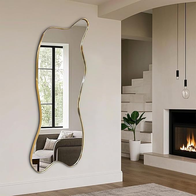 Large Gold Irregular Mirror, Asymmetrical Mirrors Full Length, 59.8"x23.6" Standing Floor for Dressing, Metal Frame Waved Shaped Mirror for Living Room Bathroom Bedroom Hallway Entryway