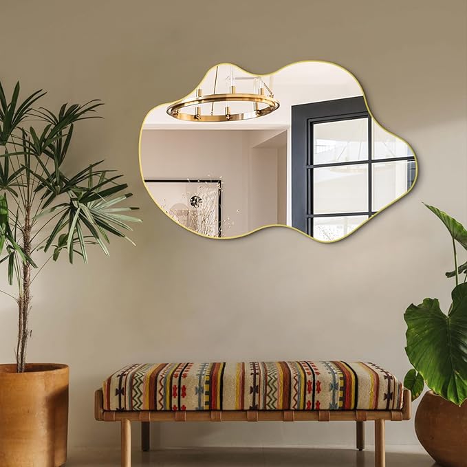 Gold Irregular Mirror, Asymmetrical Wall Mirrors, 31.5"x23.6" Waved Shaped Mirror, Modern Frameless Decorative Mirrors for Living Room Bathroom Bedroom Hallway Entryway Fireplace