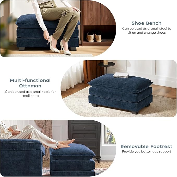 SweetGO corporation 40" Chenille Lounge Chair for Reading, Modern Couch Cozy Sofa Bed, Upholstered Living Room Single Sofa Accent Chair with Ottoman, Blue