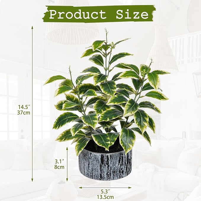 Artificial Plants Decor Greenery Fake Ficus White-edged Leaf with Seeds Indoor Potted 14" Fake Plant in Rustic Black Ceramic Planter for Farmhouse Room Bathroom Bedroom Kitchen Office Table Desk Decor