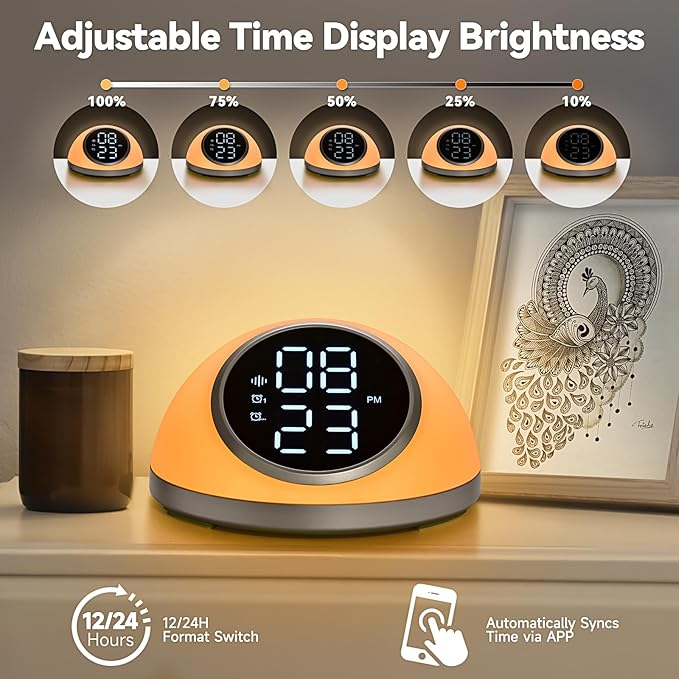 Alarm Clocks Bedrooms Sleep Sounds, Digital Dual Alarm Clock Bedroom, Bedside Alarm Clock Adjustable Brightness Button/App Control Night Light White Noises 12/24H Up to 10 Alarms, Silver