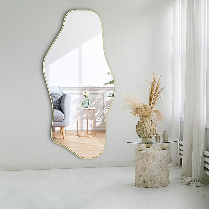 Irregular Wall Mirror, 47.2"x21.5" Asymmetrical Mirror with Gold Metal Frame, Cloud Shaped Waved Decorative Mirrors for Living Room Bathroom Bedroom Hallway Entryway Fireplace