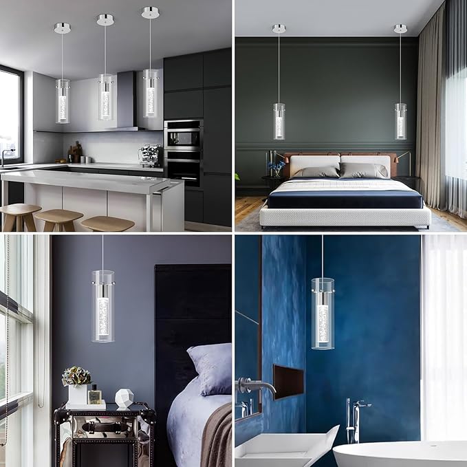 Pendant Ceiling Light Fixture for Kitchen Island, Chrome Pendant Light Integrated LED Hanging Light with Crystal Bubble Glass Pendant Light Modern Pendant Lights Kitchen Island (1-Pack)