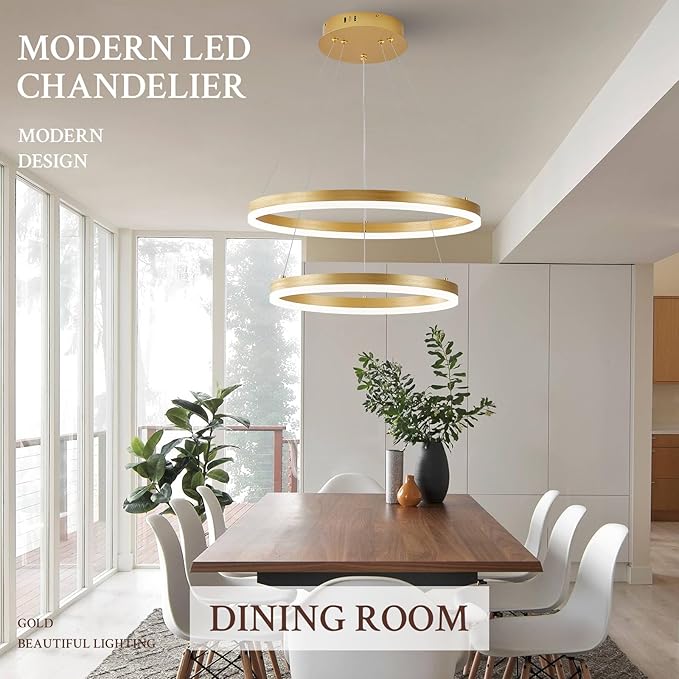 Modern LED Chandelier Gold 2-Rings Pendant Light Circular Flush Mount Ceiling Chandelier Lighting with Remote Control for Bedroom Living Room Dining Room Entrance, 3000K-6500K