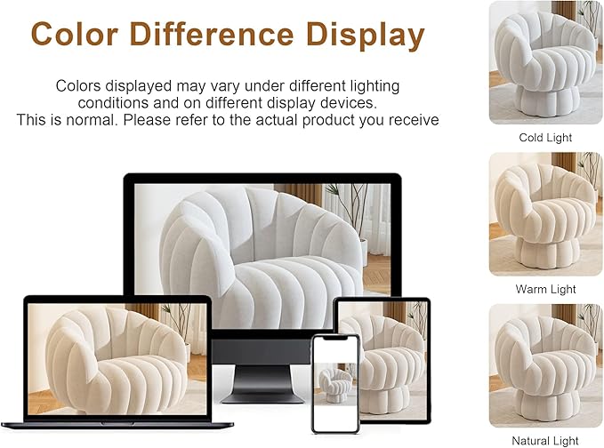 Mid Century Modern 360 Degree Barrel Swivel Accent Sofa Chair,Fluffy Velvet Fabric Lounge Wide Upholstered Pumpkin Reading Chair, Round Cloud Armchair for Living Room,Bedroom,Vanity(Beige)
