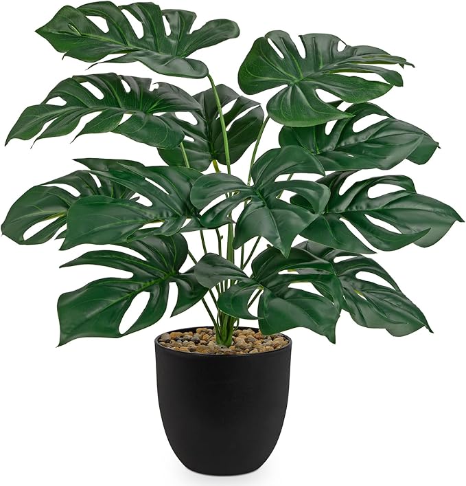 Briful Lush Artificial Monstera Plant - Realistic Green Leaves, Stylish Black Pot, 14.9-Inch Tall, Fake Plants for Home & Office Farmhouse Wedding Decor