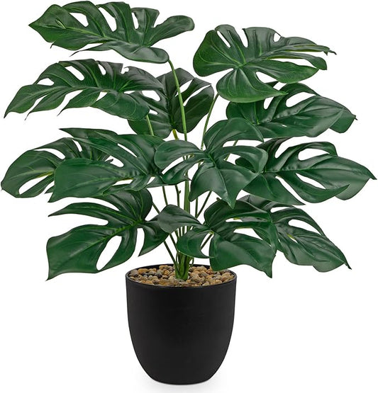 Briful Lush Artificial Monstera Plant - Realistic Green Leaves, Stylish Black Pot, 14.9-Inch Tall, Fake Plants for Home & Office Farmhouse Wedding Decor