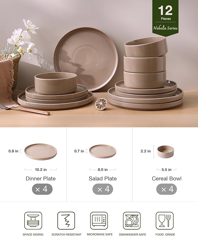 Famiware Nebula Plates and Bowls Set, 12 Pieces Dinnerware Sets, Dishes Set for 4, Cinnamon Brown