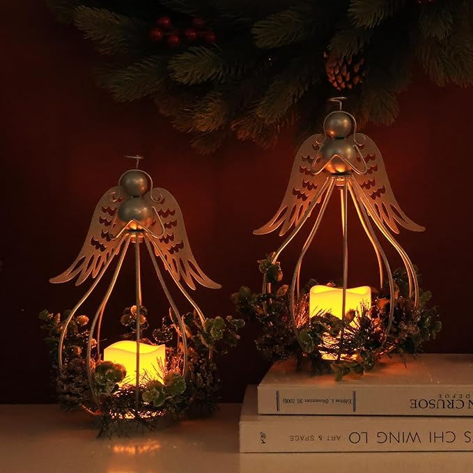 DECORKEY Christmas Decorations Outdoor&Indoor, 2PCS Andrew Candle Holders with Pine Cone, red Berry Wreath, Decorative Lanterns for Porch Centerpiece Table Decor Gift