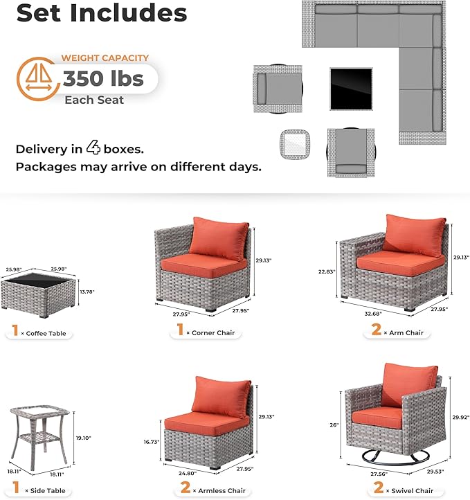 ovios 9 Pieces Patio Furniture Set, Outdoor Wicker Sectional Sofa with 2 Swivel Chairs Coffee Table, Modern Modular Deep Seat Rattan Couch Conversation Sets, Orange Red