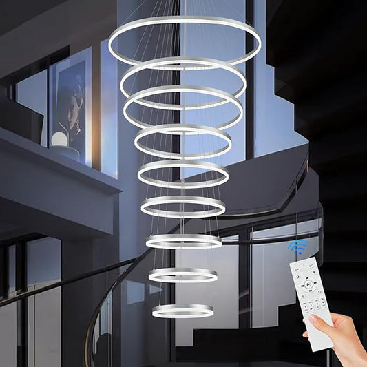 9-Rings D39.4’’ Modern LED Chandelier Silver Dimmable High Ceiling Foyer Chandeliers Entryway with Remote Control for Staircase Entryway Living Room Foyer, 3000K-6500K