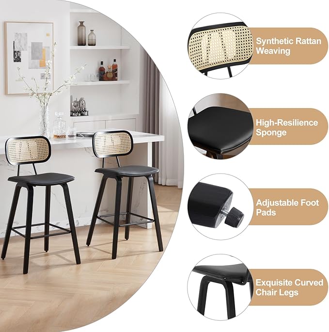 Counter Height Bar Stools Set of 4, 26" PU Leather Upholstered Rattan Barstools, Mid Century Modern Bar Chairs with Black Wood Legs, Armless Walnut Kitchen Island Dining Bar Chair, Black