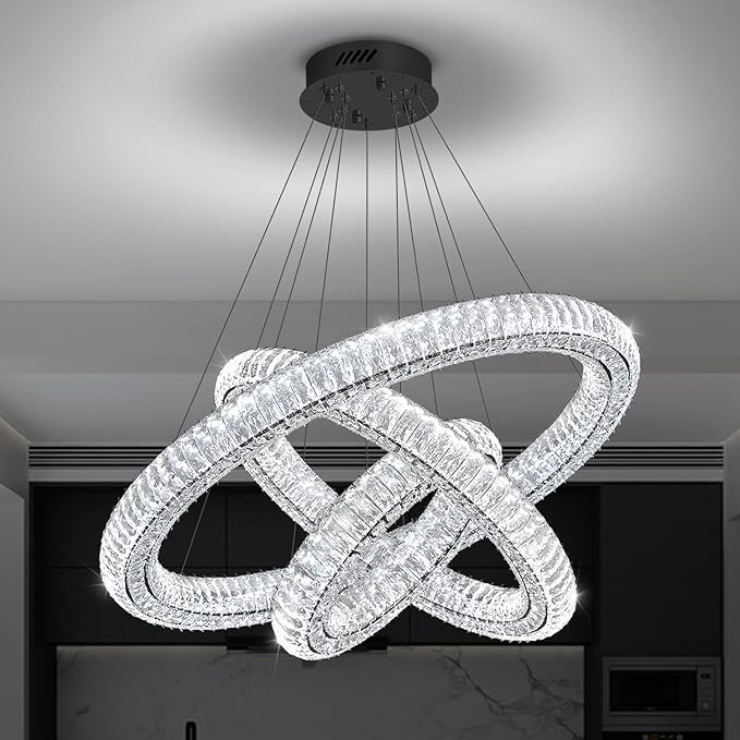 3 Rings Crystal Chandeliers for Living Room Black Chandelier High Ceiling Chandeliers for Foyer LED Dimmable3000-6000K D32+D24+D16