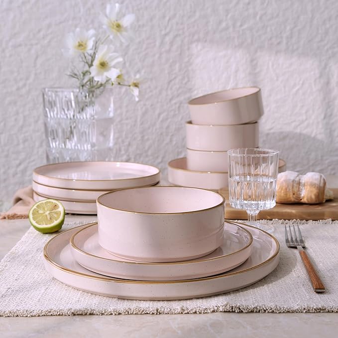 Famiware Nebula Plates and Bowls Sets for 4, 12 Pieces Stoneware Dinnerware Set, Microwave and Dishwasher Safe Dishes Set, Light Pink with Brown Rim
