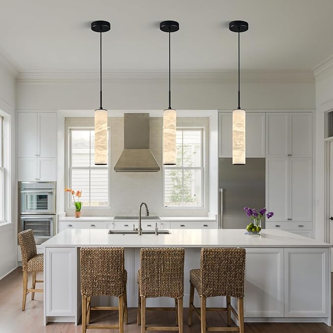 LMQNINE Natural Alabaster Pendant Lights for Kitchen Island White Marble Long Tube Chandelier Modern Black Ceiling Light Fixtures for Bedroom Dining Room Table Living Room Hallway(S-3Pack)